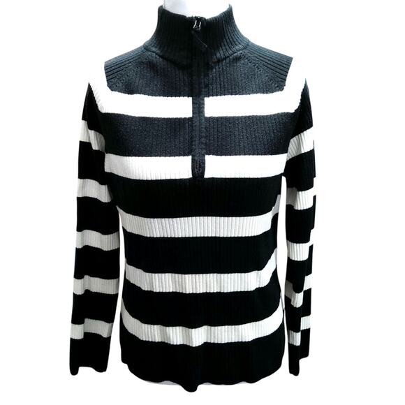 Vtg Coastal Nautical top blk/wht striped ribbed Womens Sz PL turtleneck - Picture 1 of 7